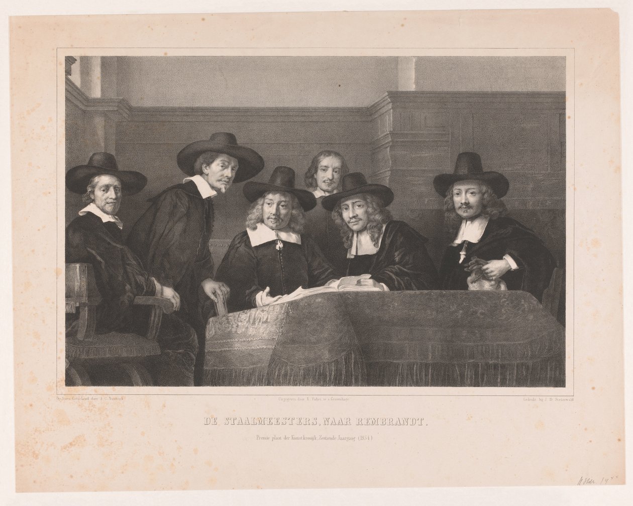 De Staalmeesters: het college van staalmeesters (waardijns) van het Amsterdamse lakenbereidersgilde (naar Rembrandt) door Adolf Carel Nunnink