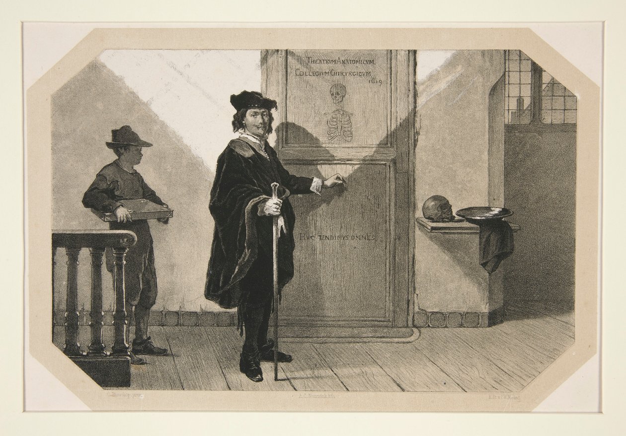 Rembrandt op weg naar de Anatomische Les van Dr. Tulp door Adolf Carel Nunnink