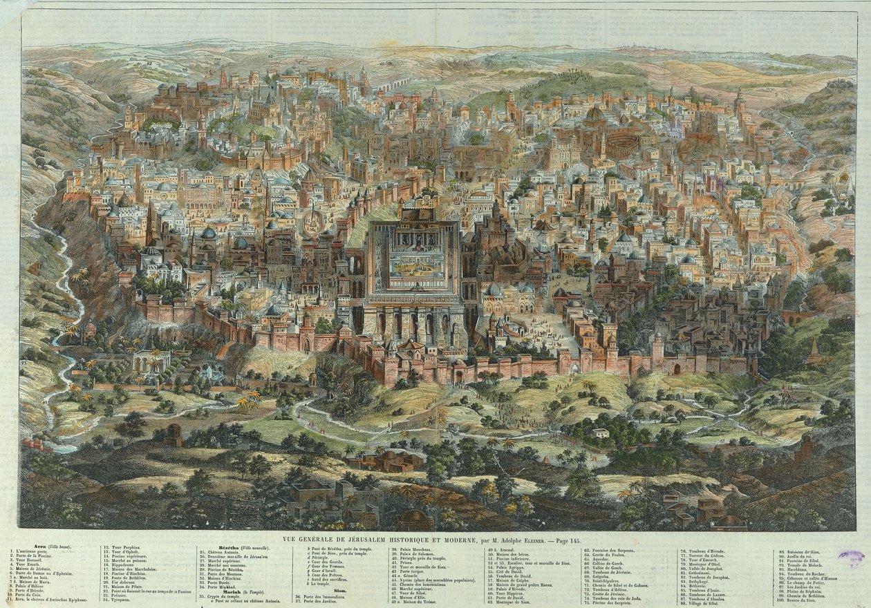 De Jeruzalemkaart (Vue générale de Jérusalem historique et moderne, ca. 1862) door Adolf Eltzner