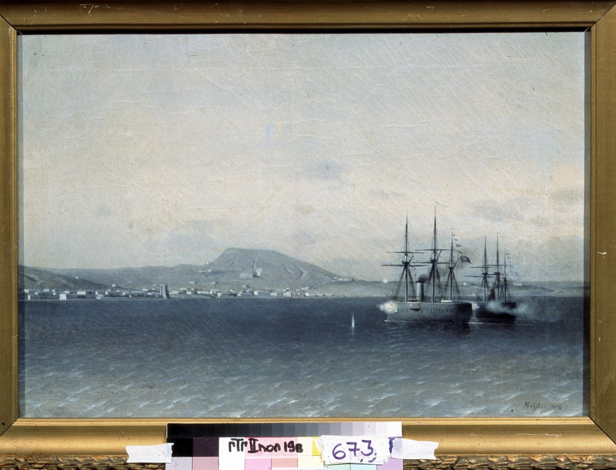 Russisch-Turkse oorlog van 1877-1878: "De stad Theodosia in de Krim gebombardeerd door de Turkse vloot in 1878" Schilderij van Adolf Fessler door Adolf Fessler