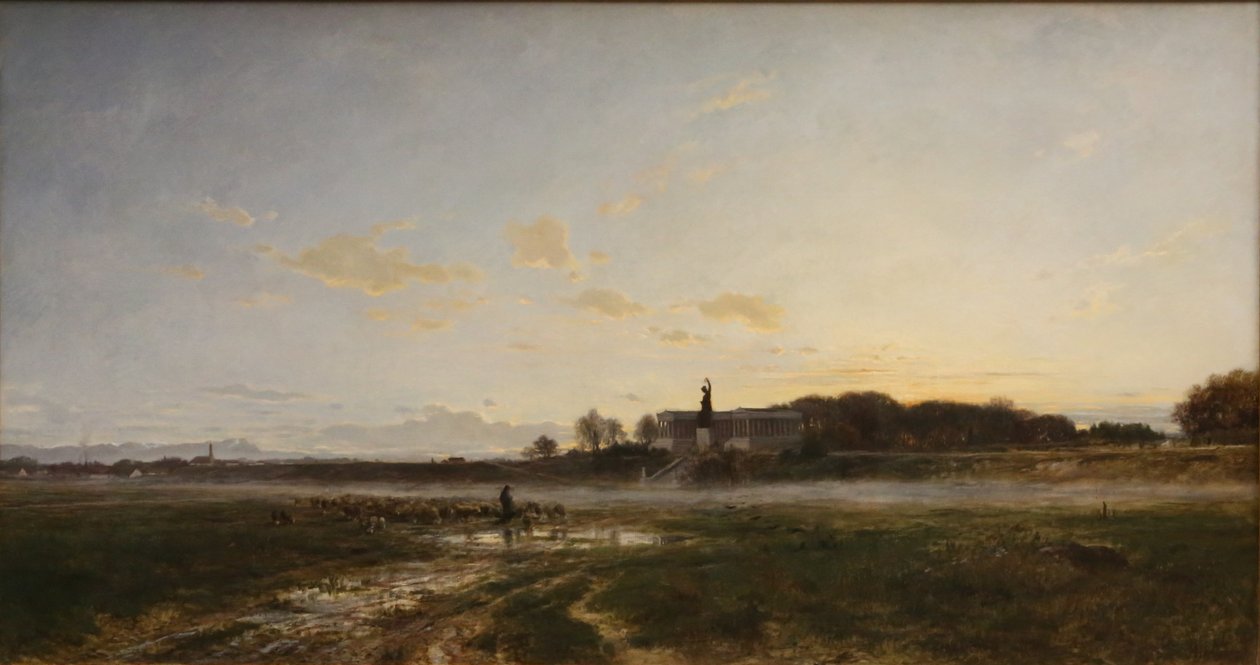 De Theresienwiese met de Bavaria in het avondlicht door Adolf Heinrich Lier