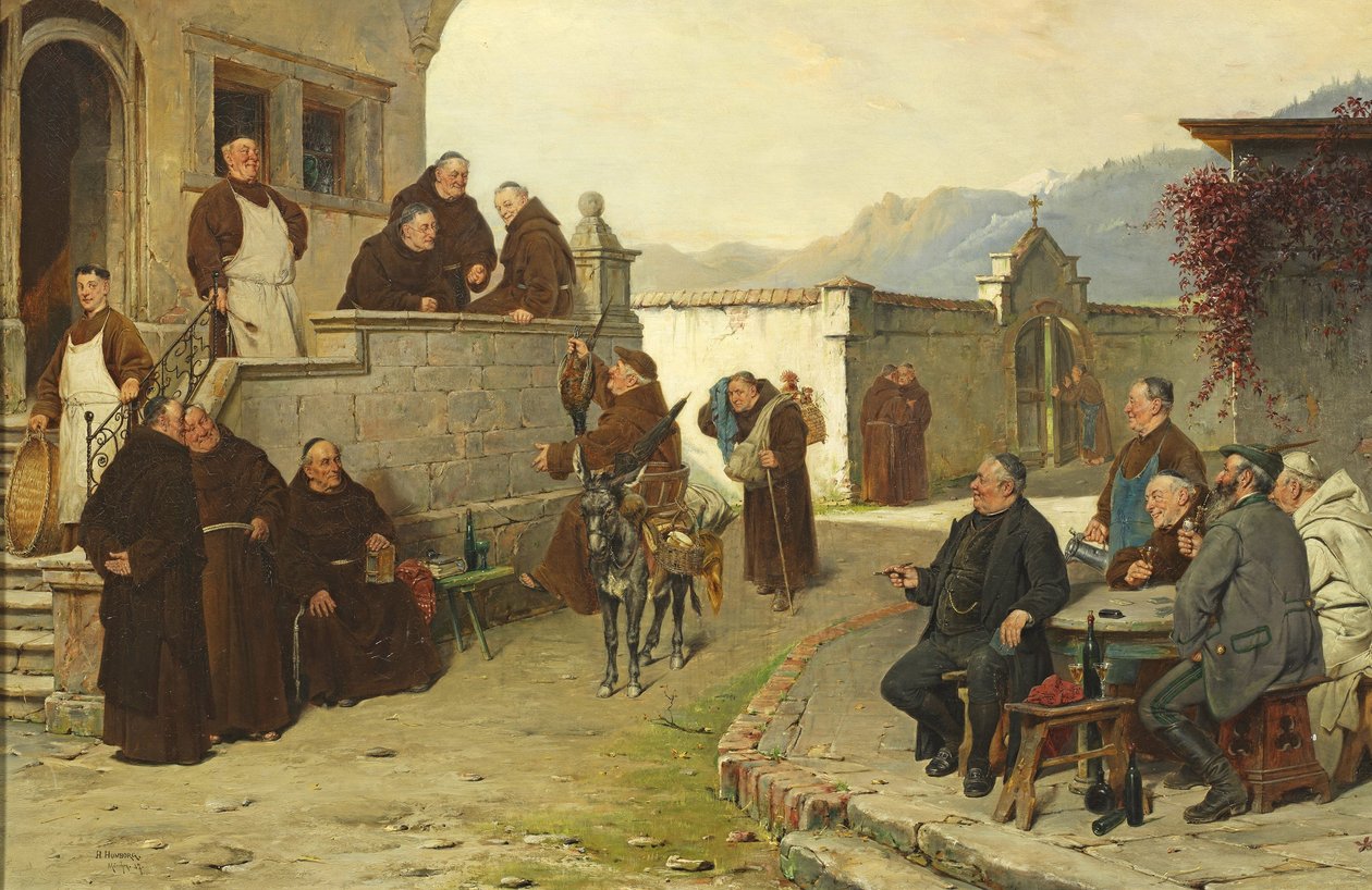 Duits: Aankomst van de bedelmonniken bij het klooster (binnenplaats) door Adolf Humborg