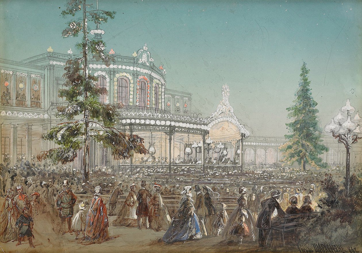 Viering van het 25-jarig jubileum van de Tsarskoe Selo-spoorweg op het Pavlovsk-treinstation Concert Hall door Adolf Charlemagne, gouache op karton door Adolf Jossifowitsch Charlemagne