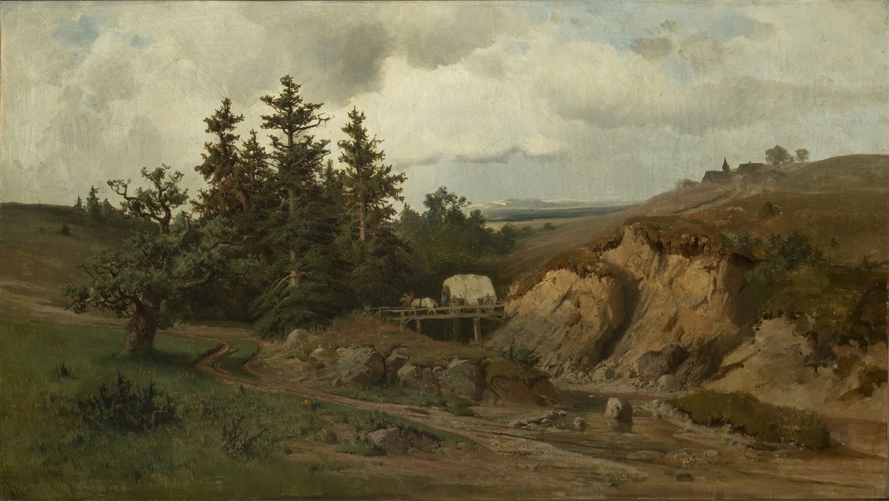 Landschap met een houten brug door Adolf Kosárek