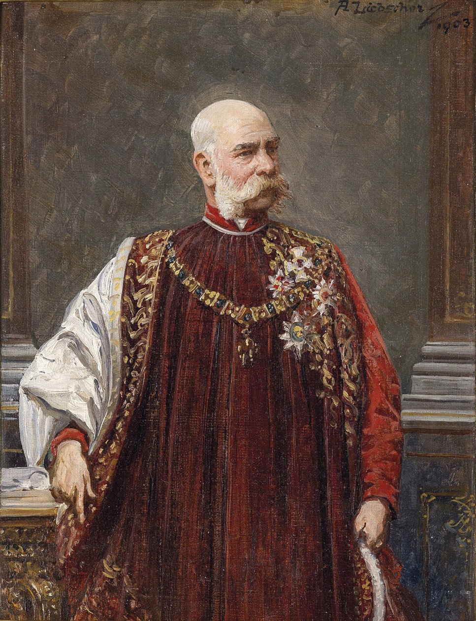 Portret van Franz Joseph I van Oostenrijk als Grootmeester van het Gulden Vlies, 1903 door Adolf Liebscher