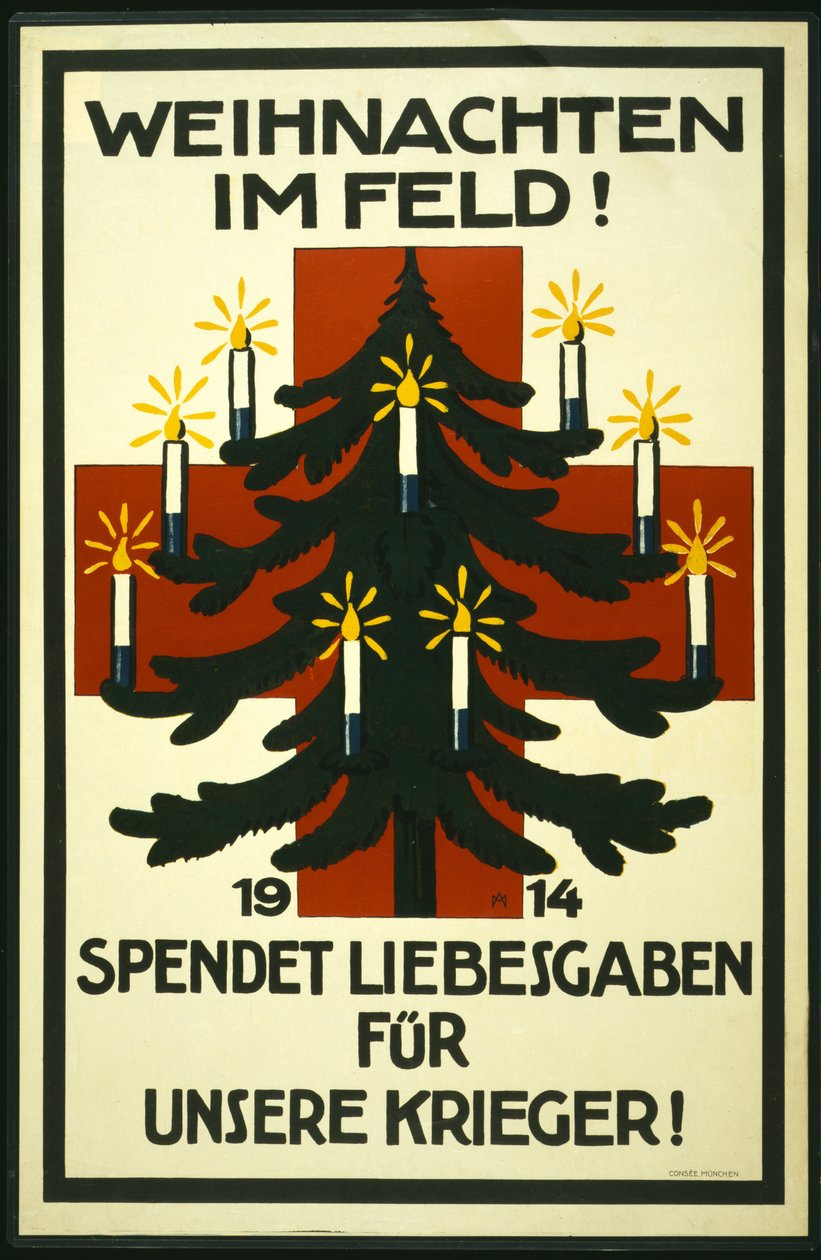 Kerstcampagne van het Duitse Rode Kruis met verzoek om pakketten naar de troepen aan het front te sturen, uitgegeven in München door Adolf Munzer