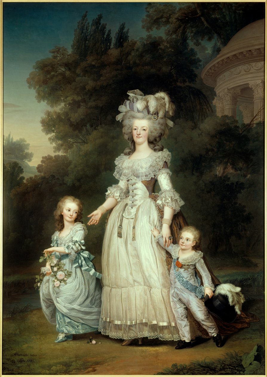 Portret van de koningin van Frankrijk Marie Antoinette (1754-1793) met Marie Therese of Madame Royale (1778-1851) en de eerste Dauphin Louis Joseph Xavier Francois of Louis de France (1781-1789) wandelend door de tuinen van de Trianon door Adolf Ulrich Wertmuller