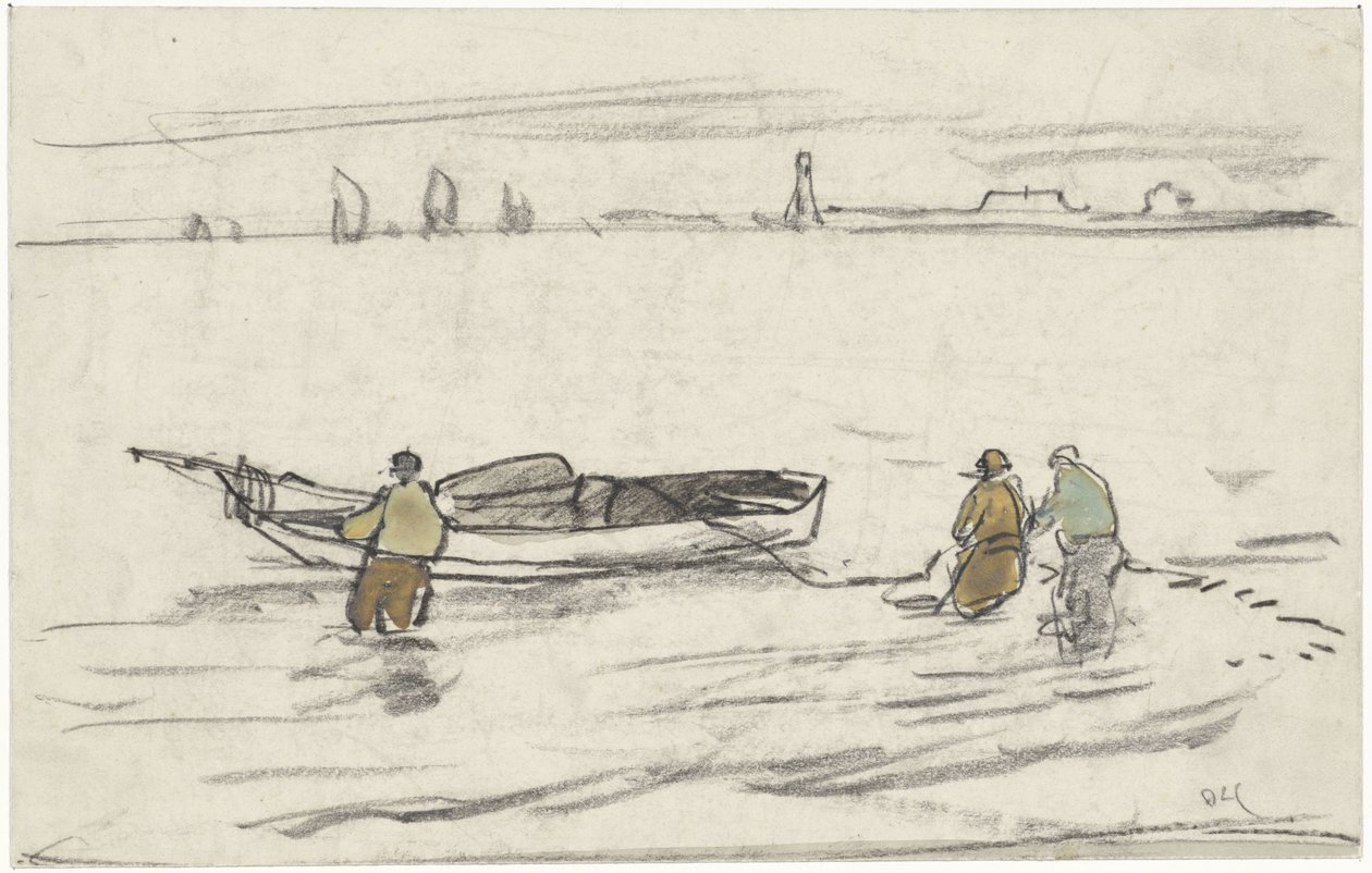 Drie in het water staande mannen halen een zeilboot naar de kant door Adolf le Comte