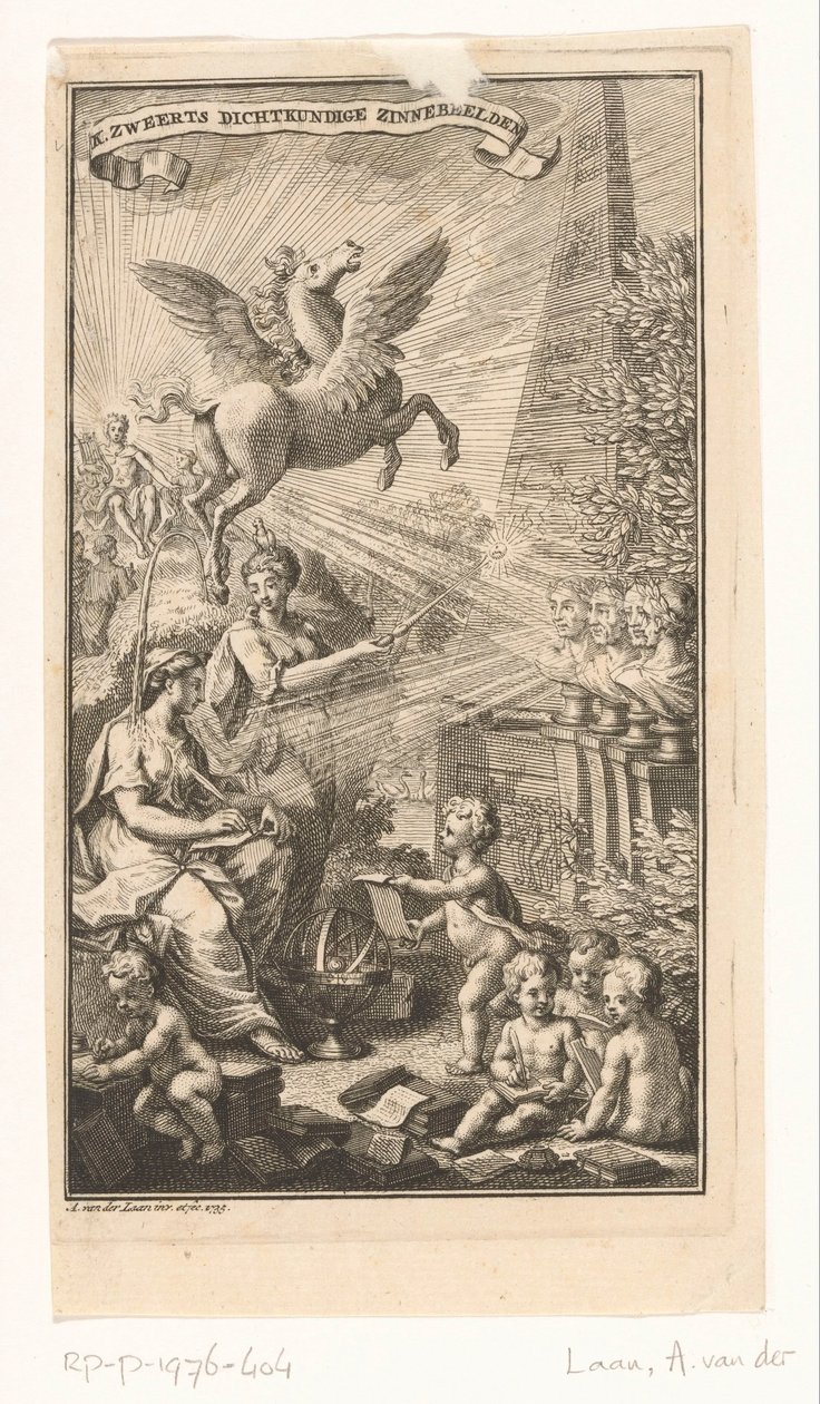 Allegorische voorstelling met schrijvende vrouw, bustes, Pegasus en Apollo door Adolf van der Laan