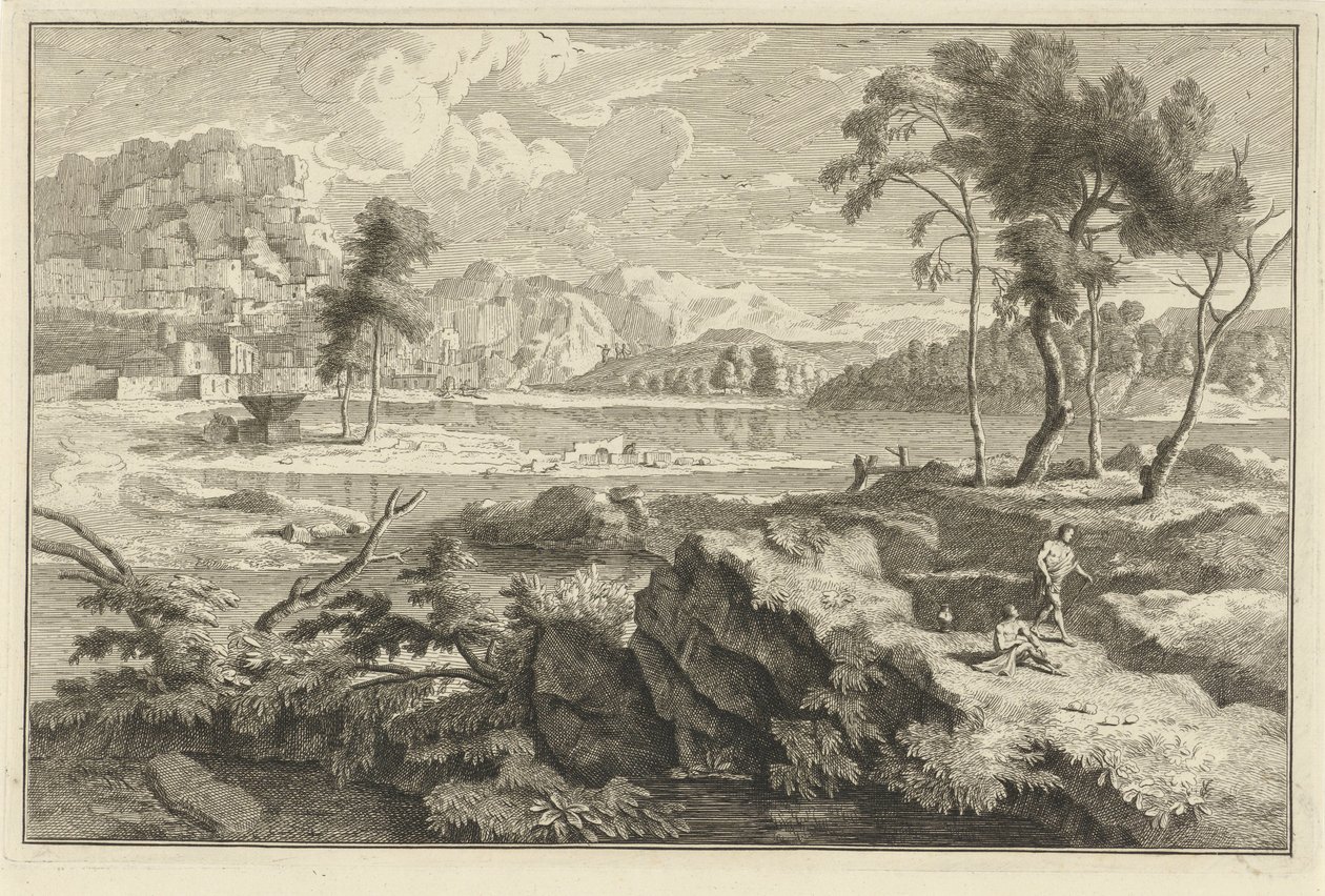 Arcadisch landschap met rotsen en rivier door Adolf van der Laan