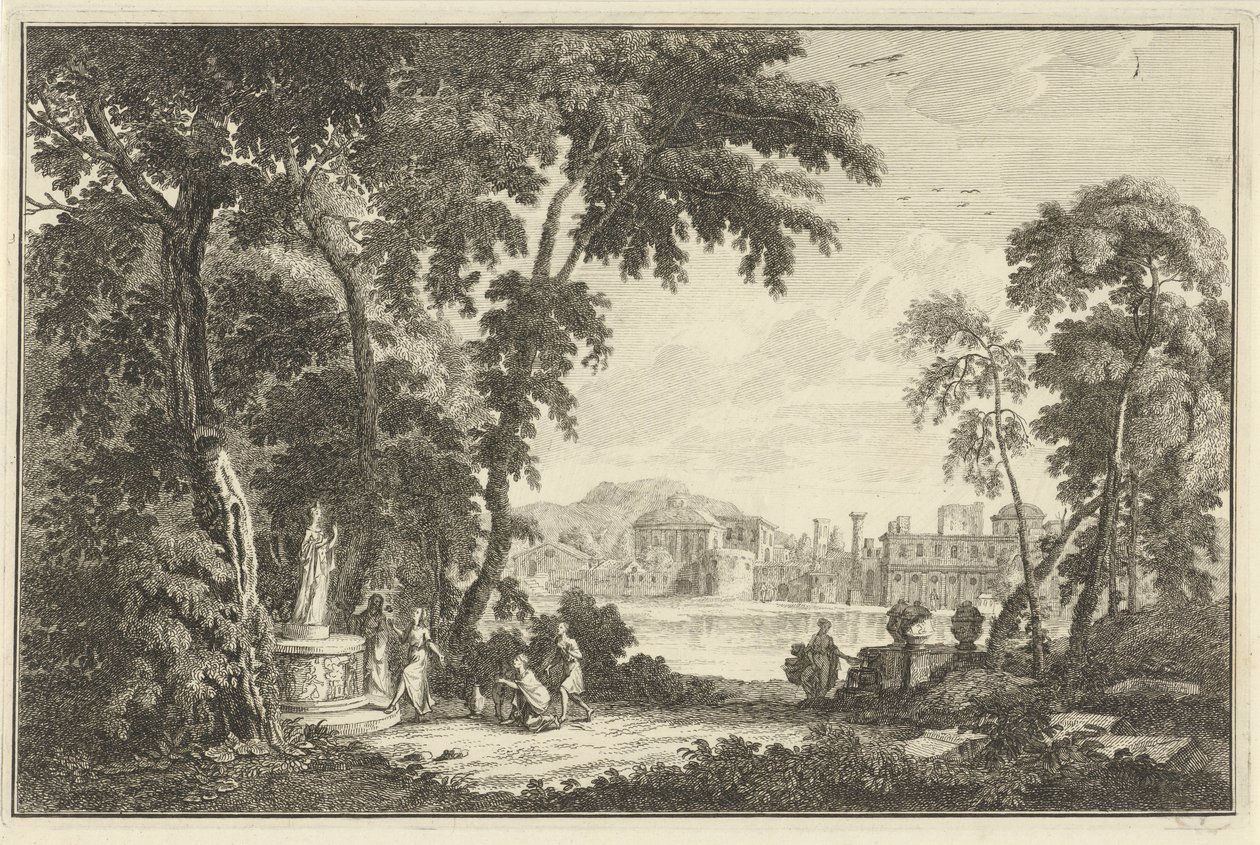 Arcadisch rivierlandschap met figuren die een beeld aanbidden door Adolf van der Laan