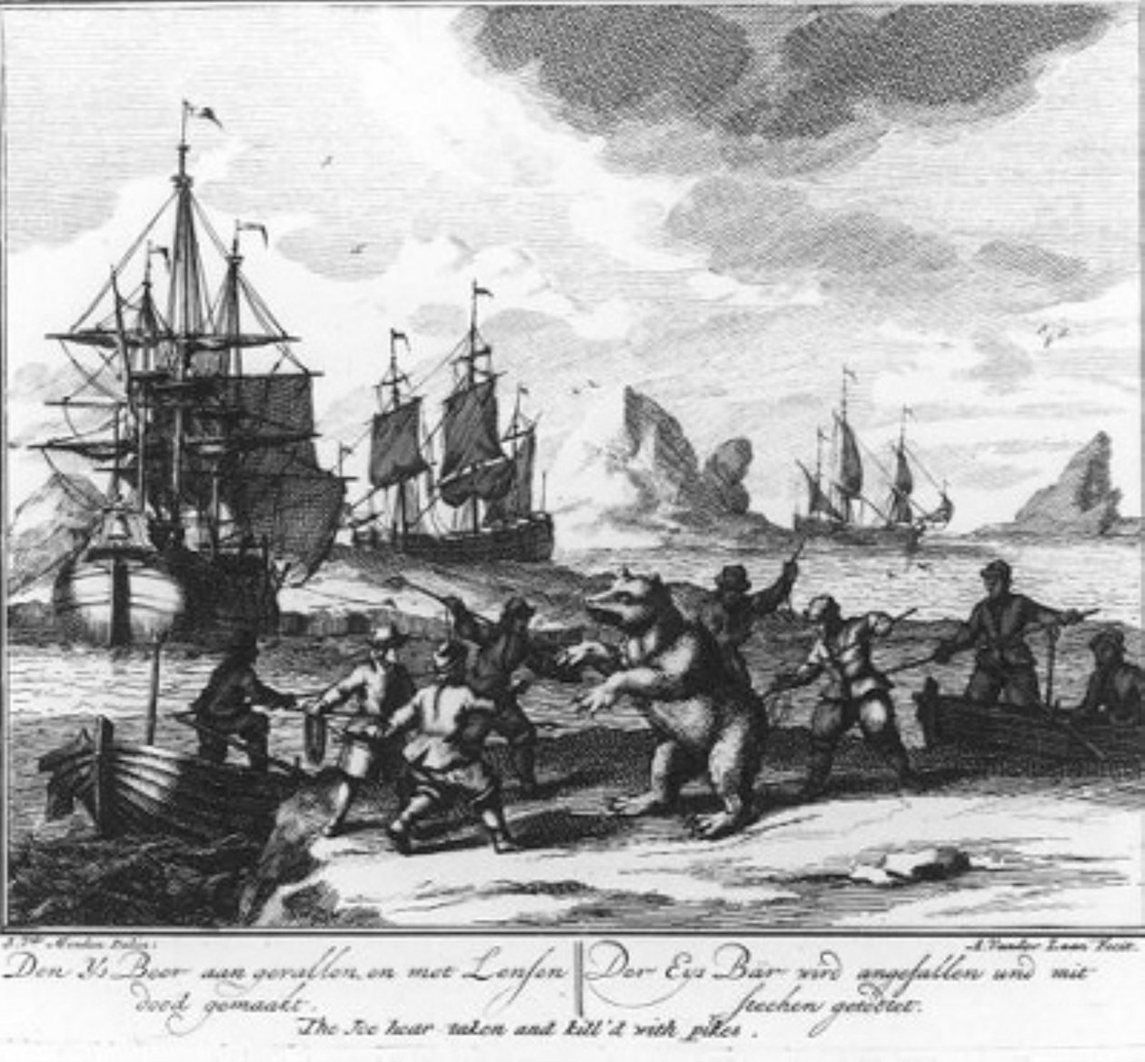 "Den ijsbeer aangevallen en met lansen gedood" (nr. 10 uit de serie Walvisvaart) door Adolf van der Laan