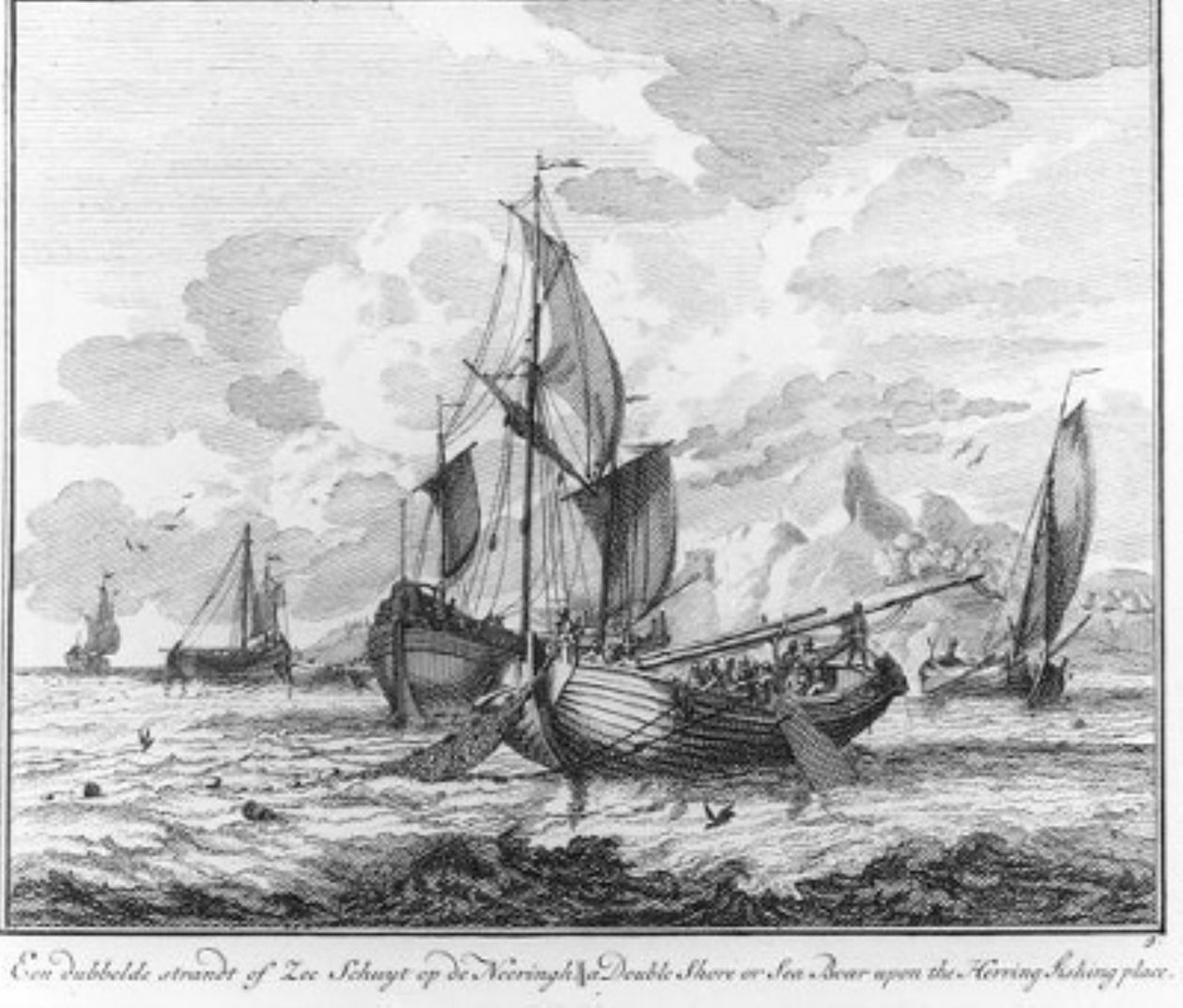 “Een dubbel strand- of zeeschip in de handel” (nr. 9 uit de serie haringvangst) door Adolf van der Laan