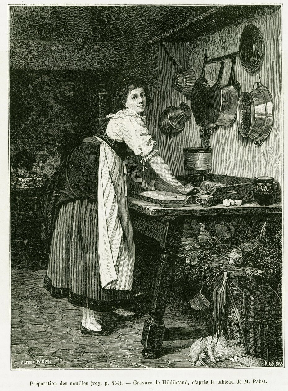 Noodle voorbereiding. Gravure door Hildibrand, ter illustratie van het verhaal 
