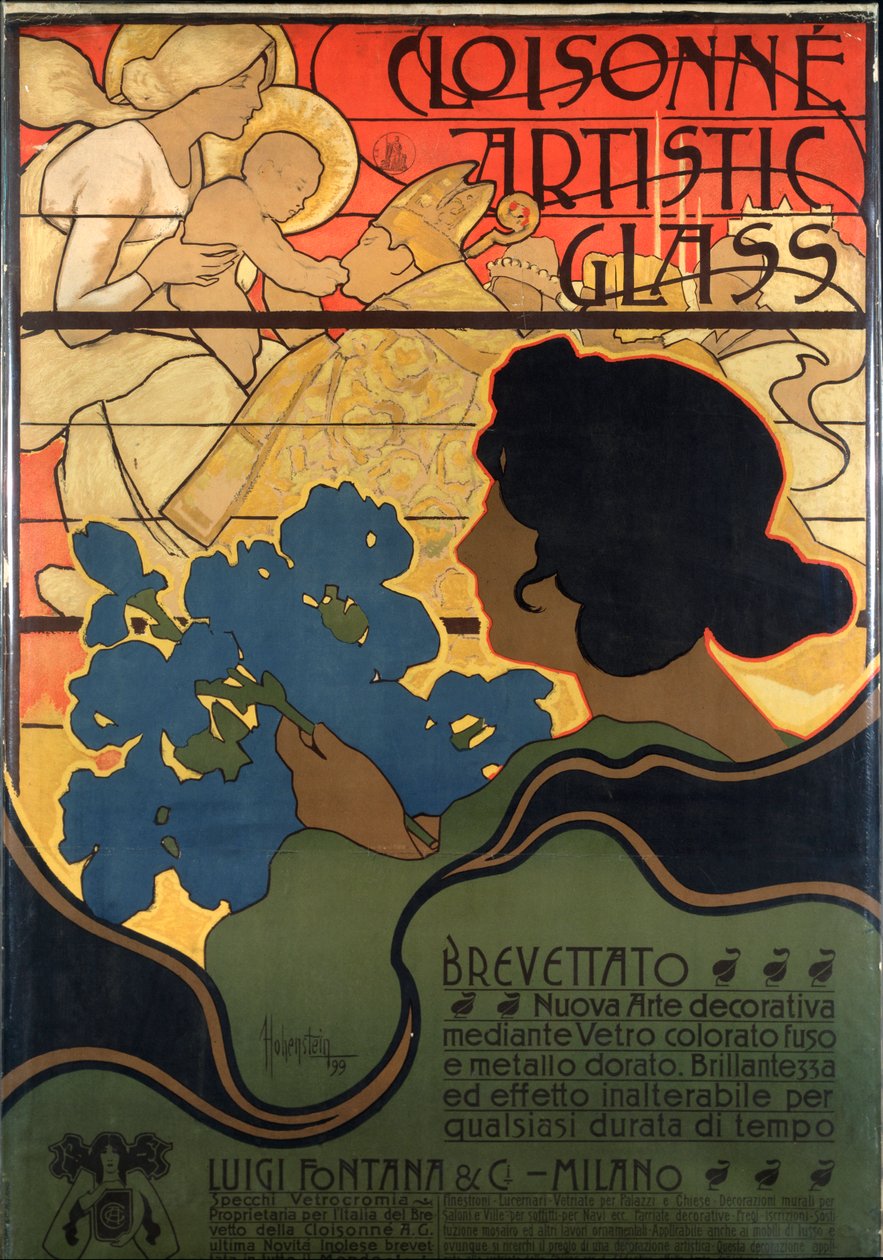 Reclameposter voor Cloisonne Glas, met een kerststal door Adolfo Hohenstein