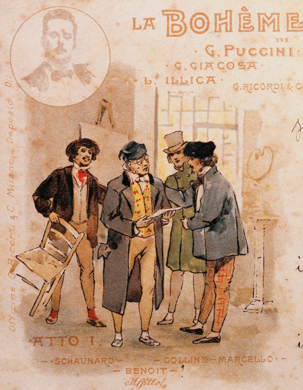Postkaart door Adolf Hohenstein (1854-1928) voor de eerste uitvoering van La Boheme door Adolfo Hohenstein