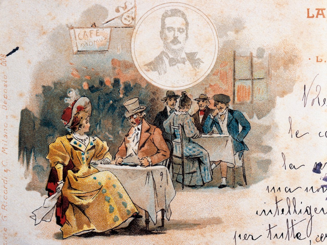 Ansichtkaart door Adolfo Hohenstein (1854-1928) gemaakt ter gelegenheid van de première van de opera La Boheme, door Giacomo Puccini (1858-1924), met een scène uit de tweede akte door Adolfo Hohenstein