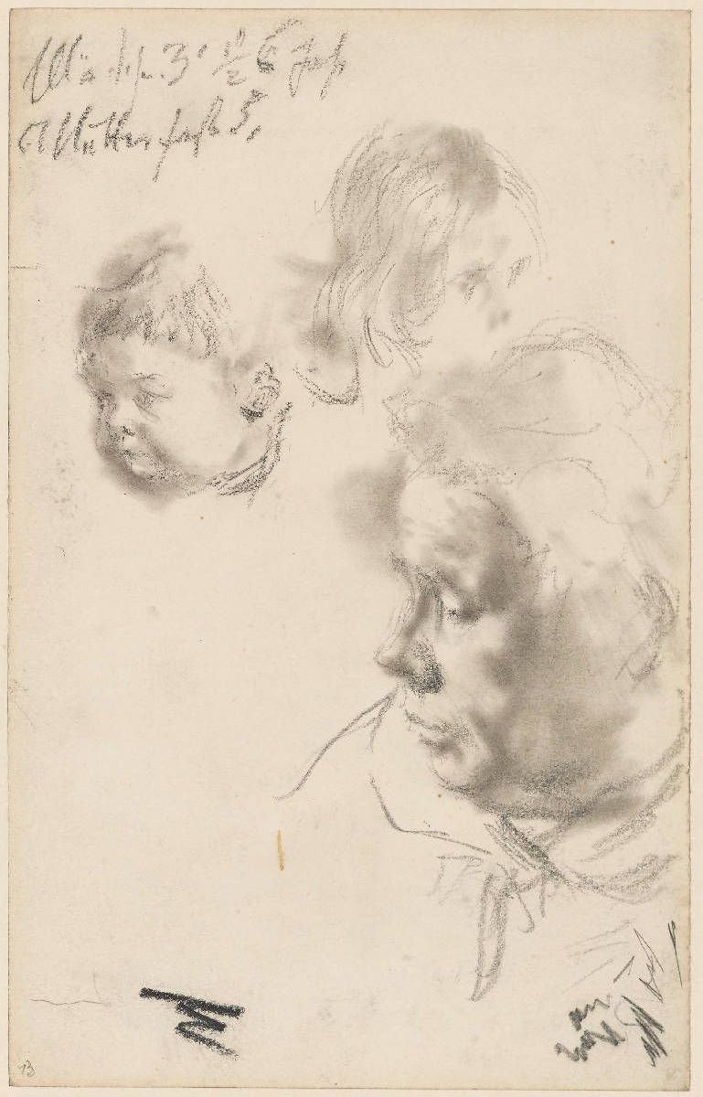 Vrouwenhoofd en twee kinderhoofden door Adolph Menzel