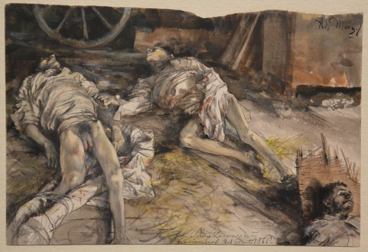 Drie gevallen soldaten in een schuur door Adolph Menzel