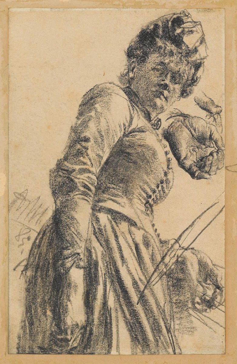 Modelstudie van een vrouw met hoed door Adolph Menzel