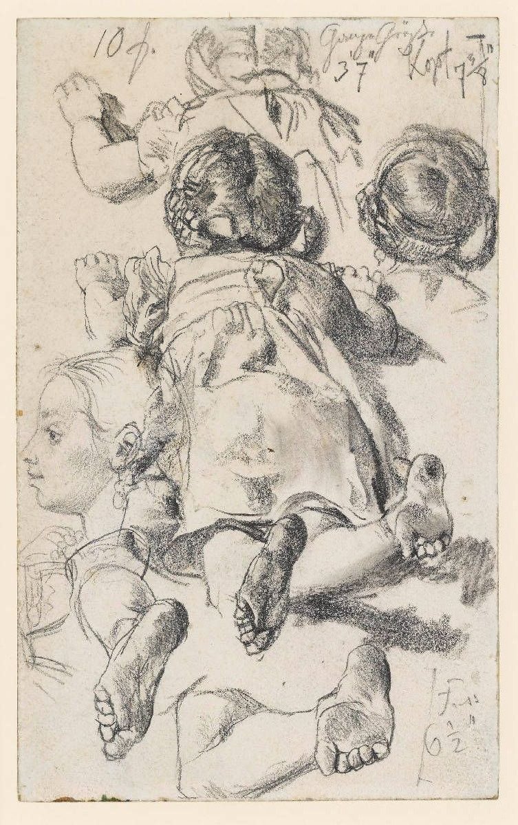 Modelstudies van een op de buik liggend meisje door Adolph Menzel