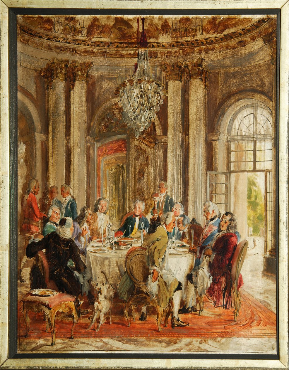 De ronde tafel van Frederik II van Pruisen met Voltaire en Christoph Ludwig von Stille in het paleis van Sanssouci - Schets van Adolph Friedrich von Menzel, olie door Adolph Menzel