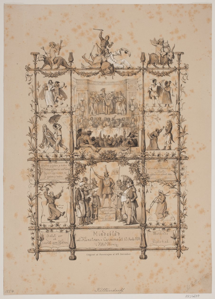 Herdenkingsblad van het kunstenaarscarnaval op 3 maart 1854 door Johan Adolph Kittendorff
