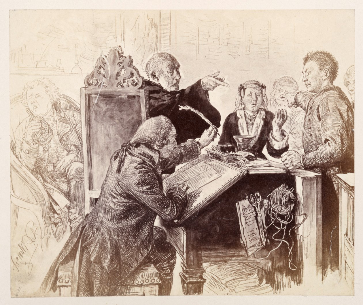 Adam praat tijdens de zitting op Veit in, vooraan zit de griffier Licht en doopt zijn pen in de inkt, rechts achterin zit de raadsheer, op het punt te niezen, uit Heinrich von Kleist, „De gebroken kruik“ door Adolph Menzel
