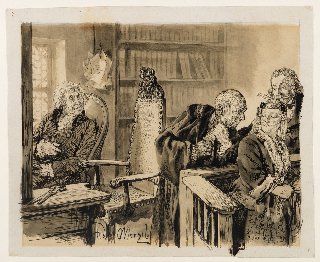 Adam spreekt in het geheim met Eva. Licht luistert mee. De raadsheer roept Adam terug naar de rechterstoel. uit Heinrich von Kleist, De gebroken kruik door Adolph Menzel