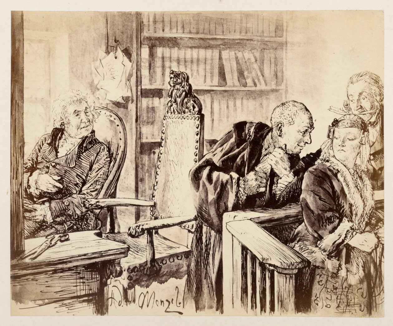 Adam spreekt in het geheim met Eve. Licht luistert. De gerechtsraad roept Adam terug naar de rechtersstoel, bij Heinrich von Kleists "De gebroken kruik" door Adolph Menzel