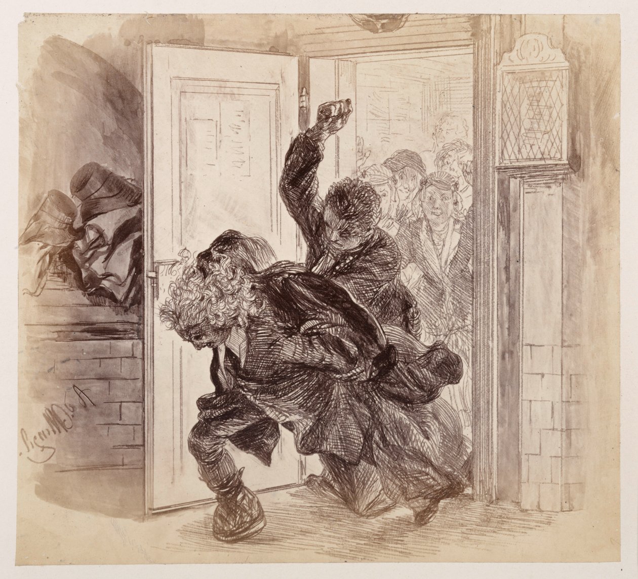 Adam, die door Ruprecht in elkaar is geslagen, stormt de rechtszaal uit; Eve en de anderen kijken op de achtergrond toe, naar Heinrich von Kleist, „De gebroken kruik“ door Adolph Menzel
