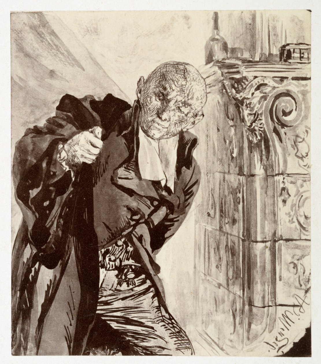 Adam, die rechts naast een tegelkachel staat, trekt zijn rechtersmantel aan, naar Heinrich von Kleist, „De gebroken kruik“ door Adolph Menzel