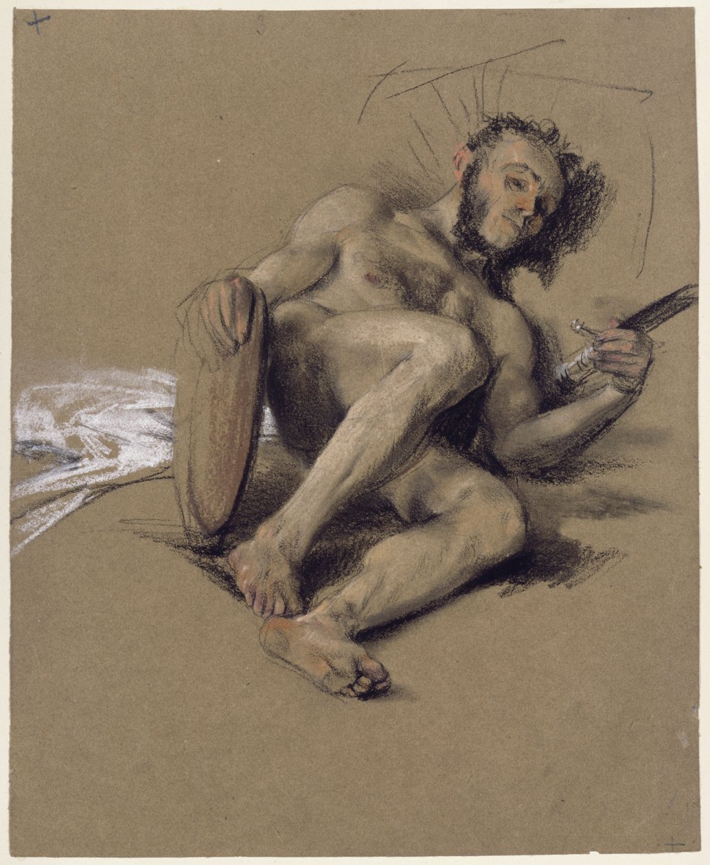 Naaktstudie, een man met een baard die aan de linkerkant op de grond ligt, met een zwaard en een schild in zijn handen; studie ter gelegenheid van de meerderjarigheid van de kroonprins in 1850 door Adolph Menzel