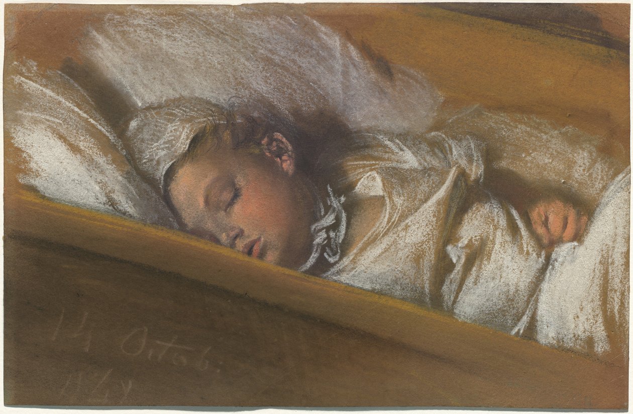 Een slapende baby in zijn wieg door Adolph Menzel