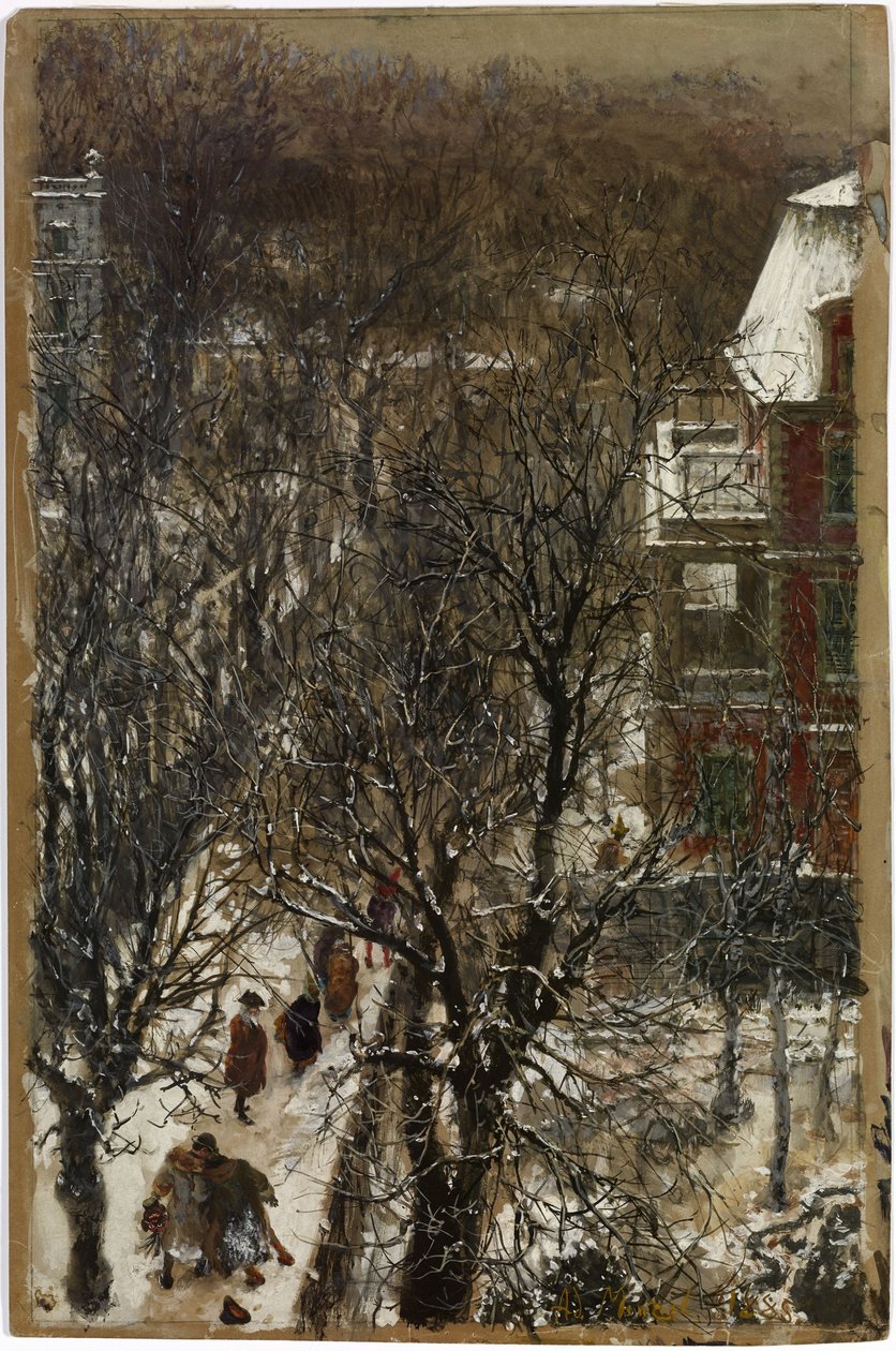 Aswoensdag – De weg na carnaval / Aswoensdagochtend in de Hildebrandsche Privatstrasse in Berlijn door Adolph Menzel