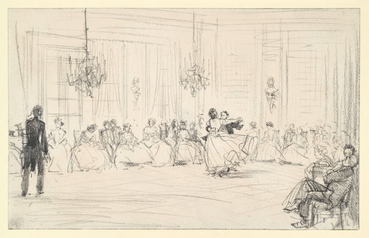 Een bal en een dansend paar door Adolph Menzel