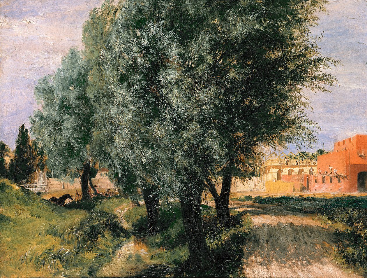 Bouwplaats met wilgen door Adolph Menzel