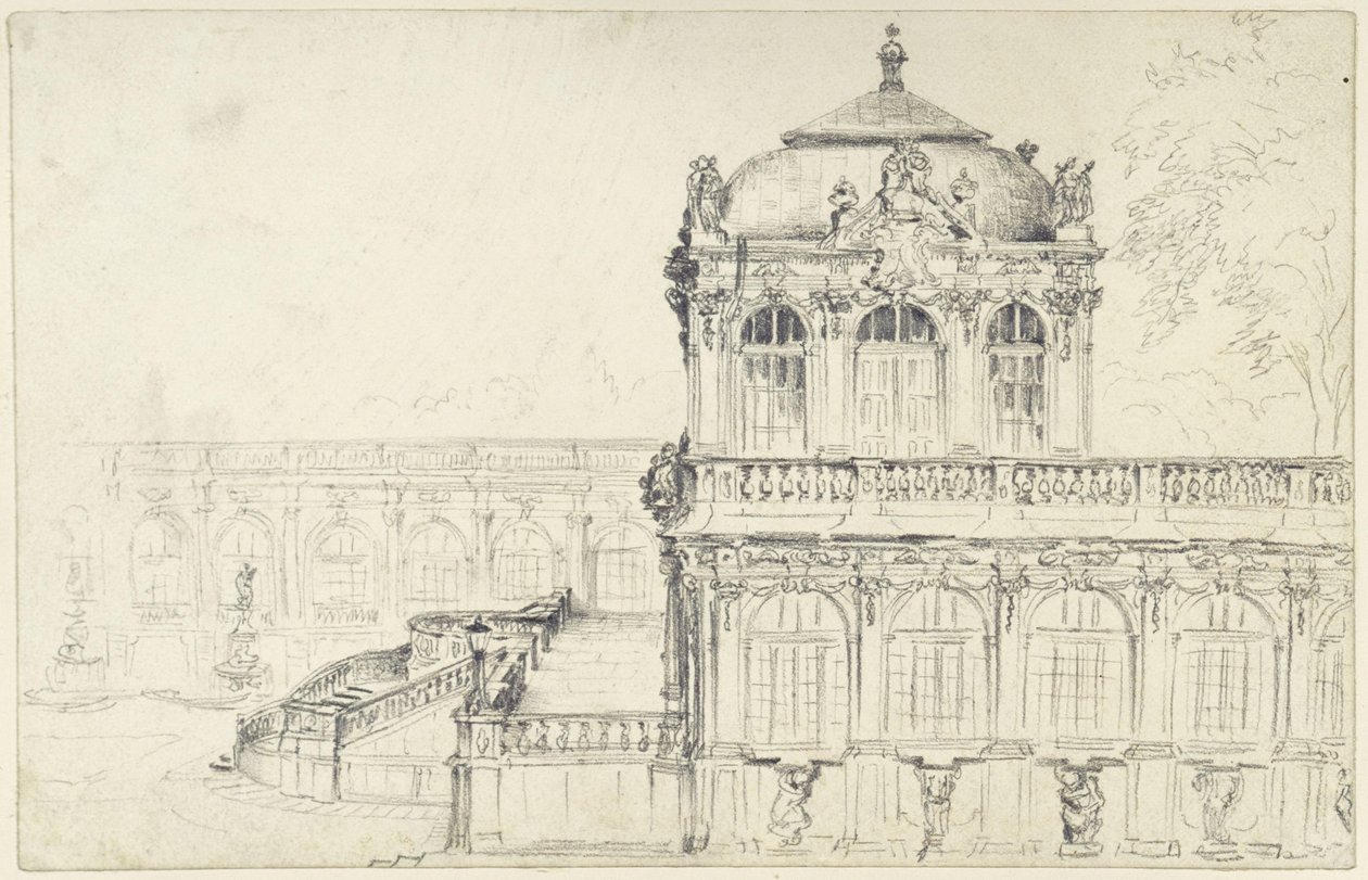 Uitzicht op de smalle zijgevel van de Wiskundig-Fysische Salon en de oostelijke lange galerij in de Zwinger in Dresden door Adolph Menzel