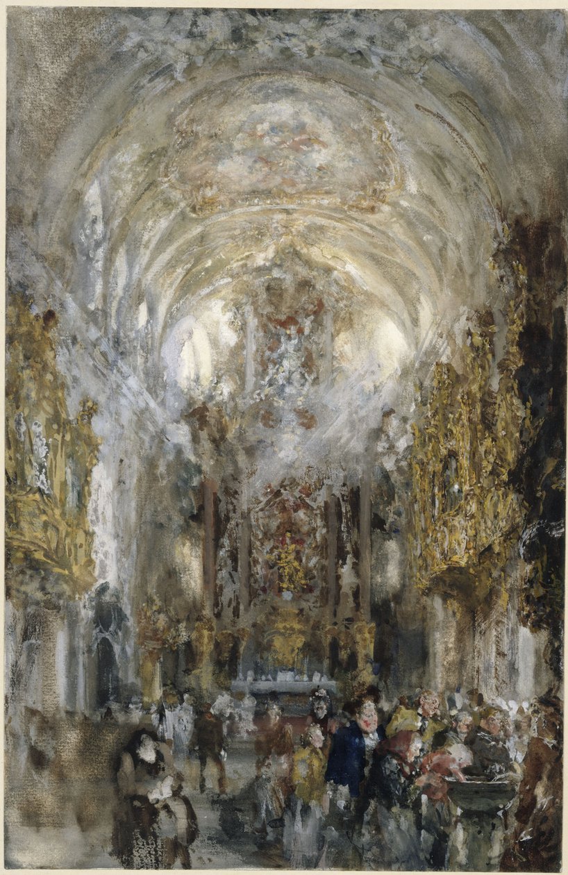 Blik in de stiftskerk Onze-Lieve-Vrouw bij de Oude Kapel in Regensburg, rechts vooraan personen bij het wijwatervat door Adolph Menzel