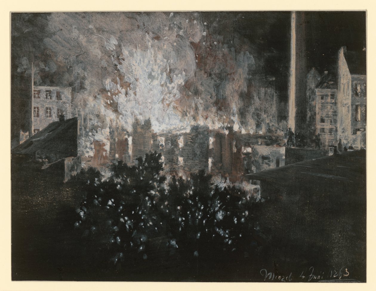 Brand in een huis door Adolph Menzel
