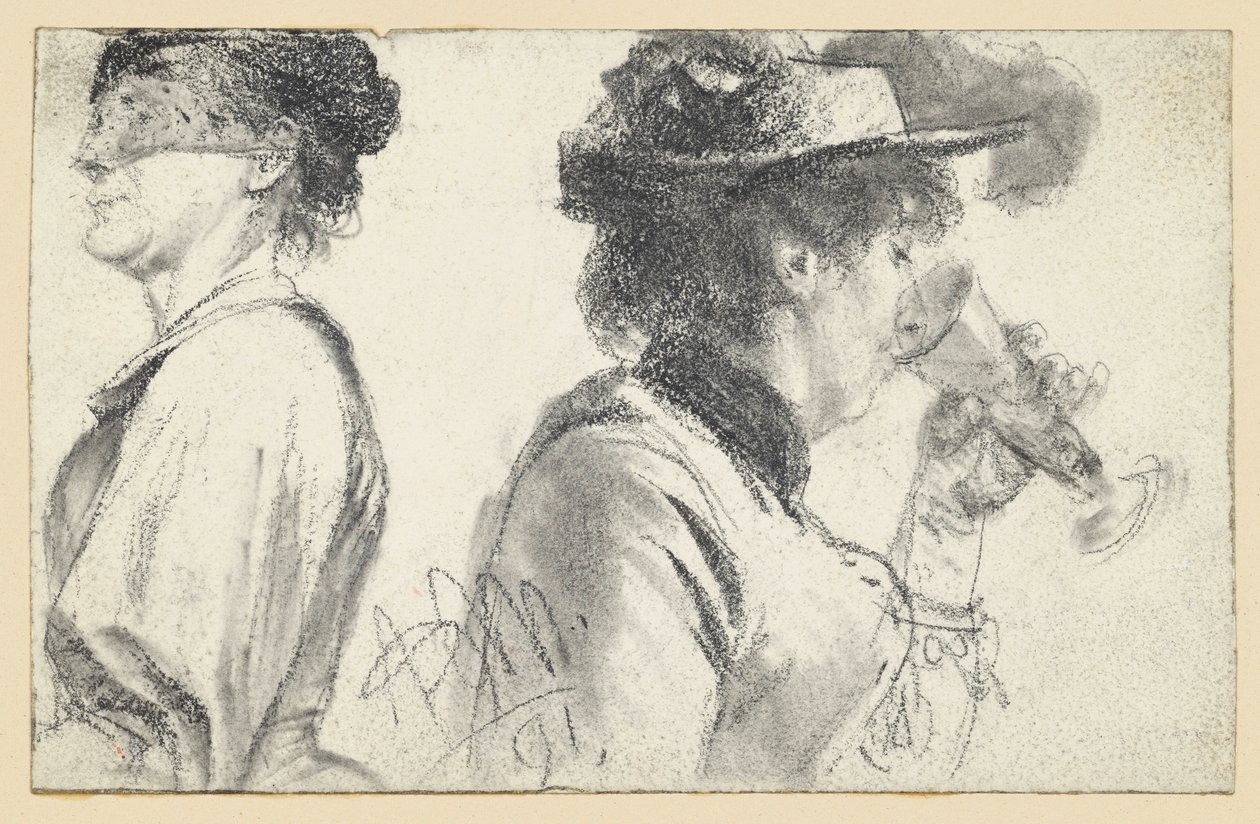 Borstbeeld van een dame met een sluier en een dame met een hoed die uit een glas drinkt door Adolph Menzel