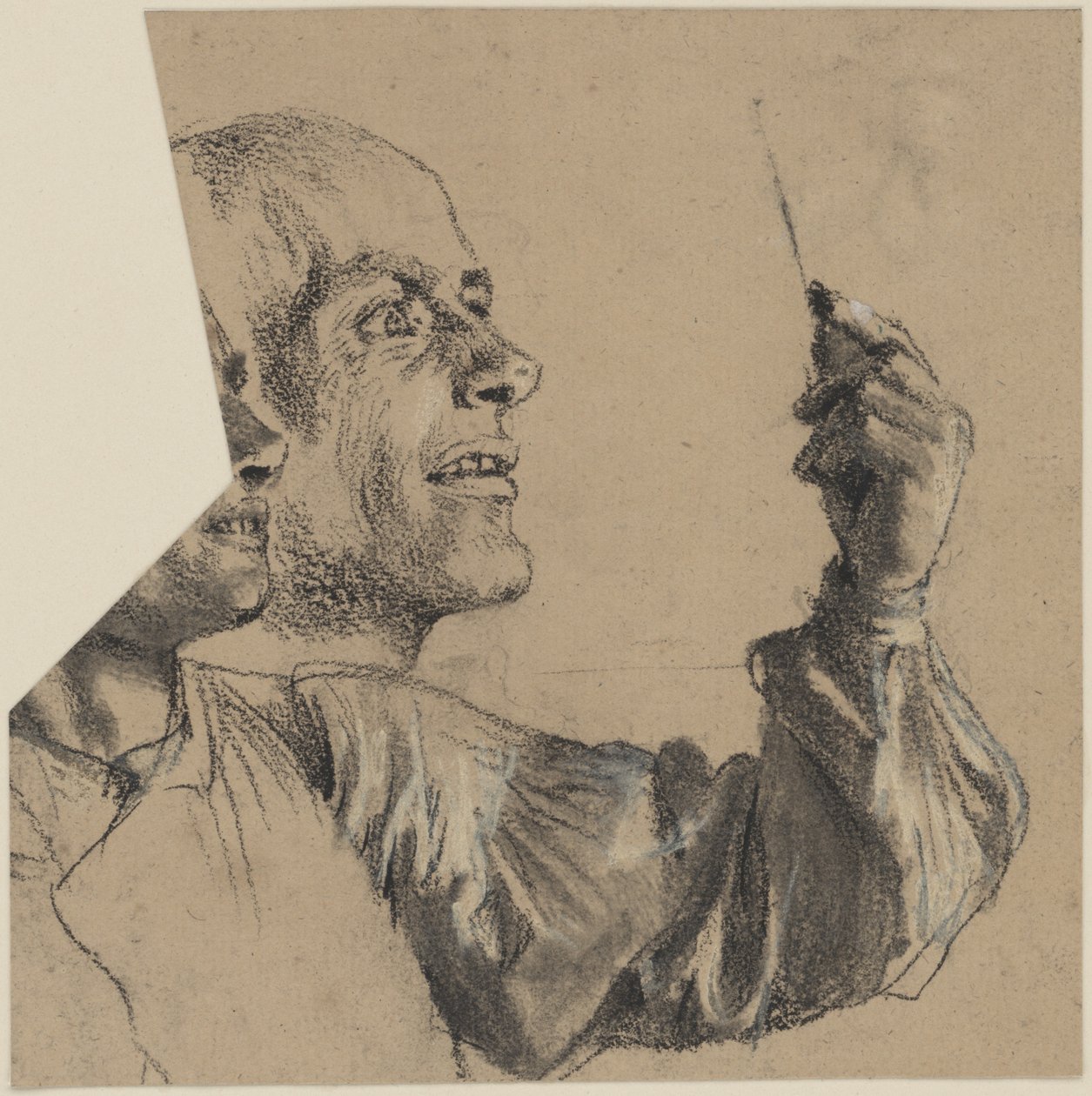 Borstbeeld van een man met dun haar, gezichtsprofiel en linkerarm. Gezichtsstudie door Adolph Menzel