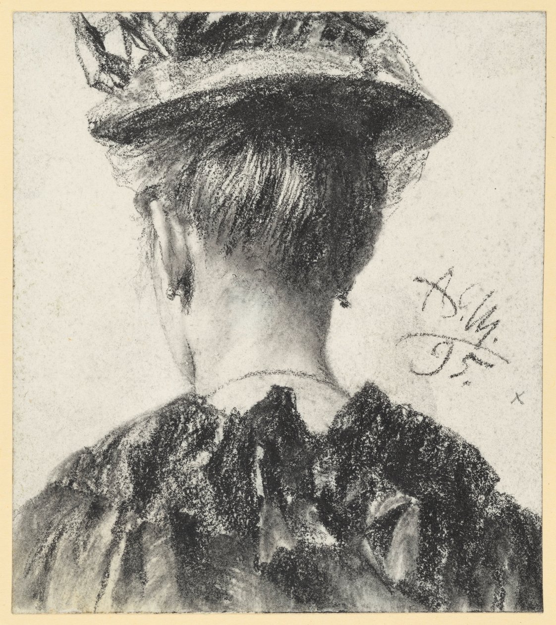 Buste van een vrouw met hoed, gezien van achteren door Adolph Menzel