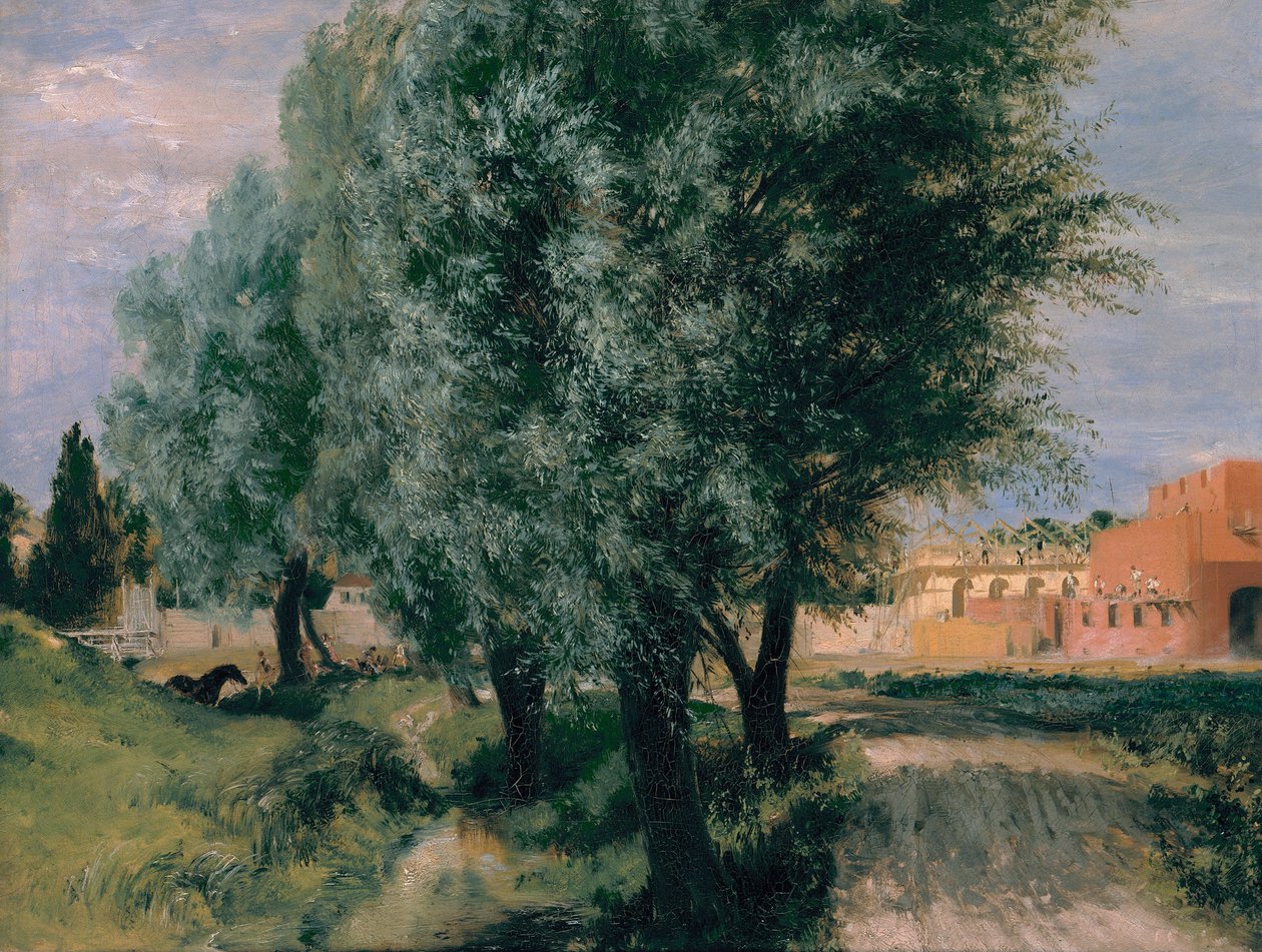 Bouwplaats met wilgen, 1846 door Adolph Menzel