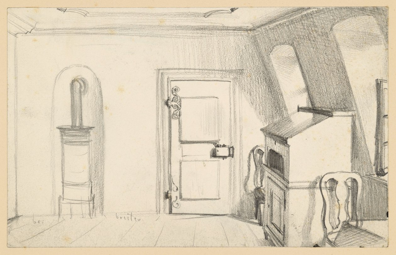 Zolderkamer met kachel, deur, schrijfkast en stoelen in het Goethehuis in Frankfurt am Main door Adolph Menzel