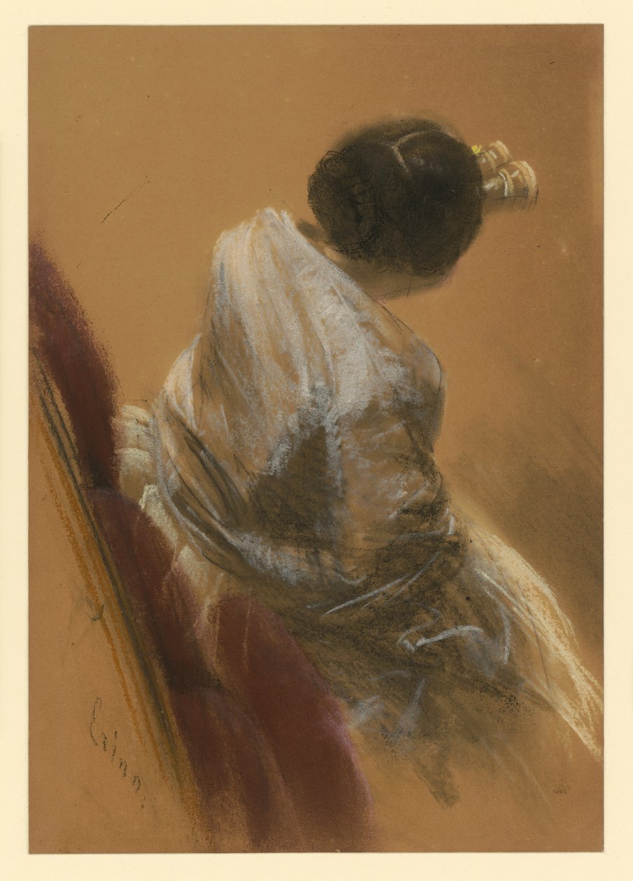 Dame in een fauteuil met operakijker door Adolph Menzel
