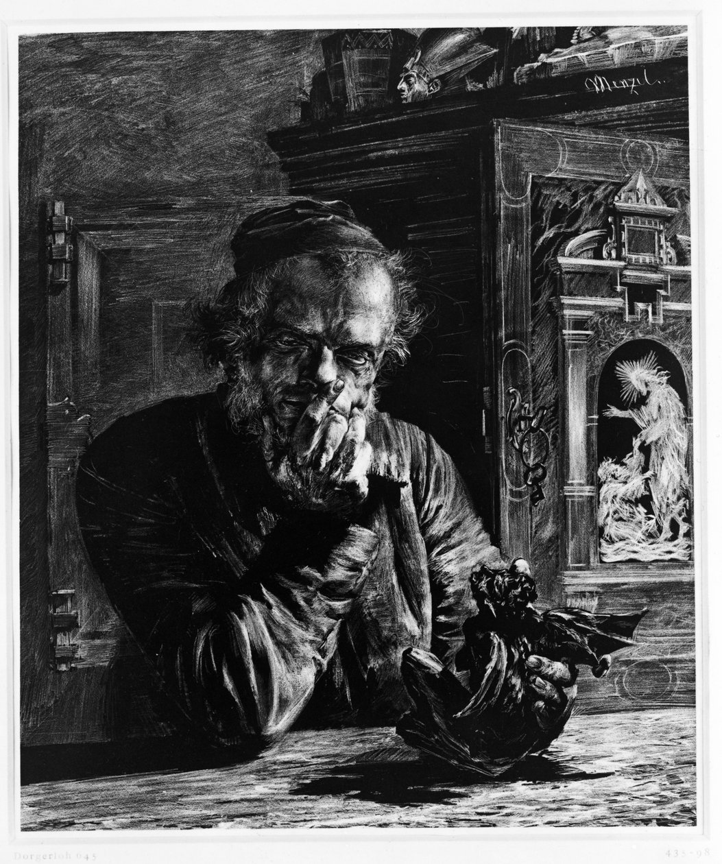De antiquair (Menzels zelfportret, ook wel „De kunstverzamelaar” of „Demon” genoemd) door Adolph Menzel