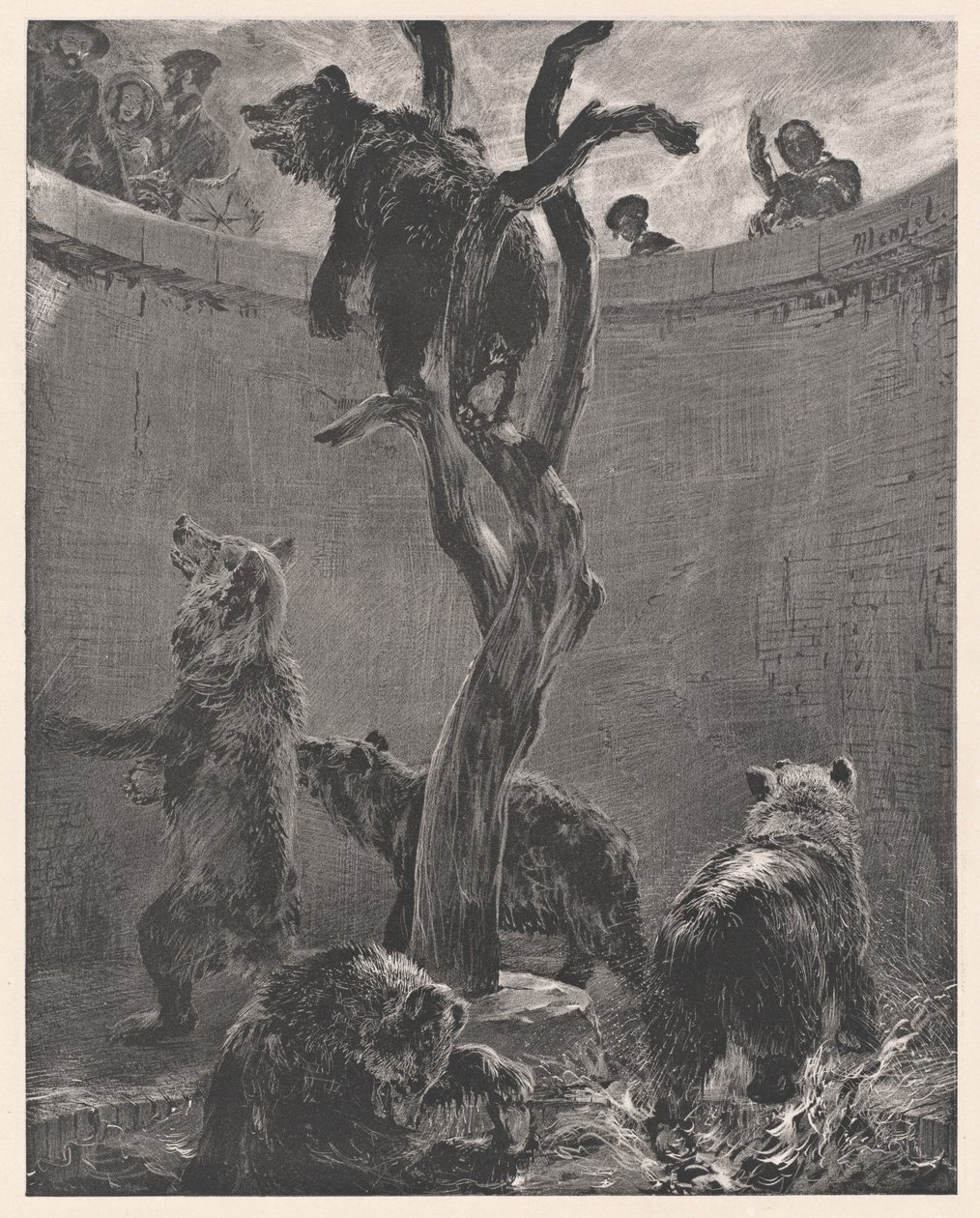 De berenkuil in de dierentuin (The Bear Pit in the Zoological Gardens) door Adolph Menzel