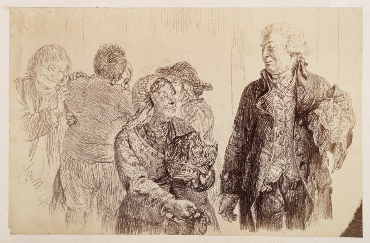 De rechter, met een zakdoek in zijn rechterhand, wisselt de laatste woorden uit met de pruilende Marthe. Achter Marthe wisselen Eve en Ruprecht de verzoeningskus uit, naar Heinrich von Kleist, „De gebroken kruik“ door Adolph Menzel
