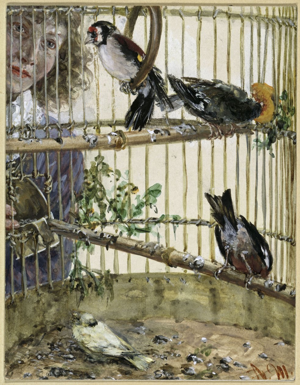 De distelvinken en de kanarie in de boerderij. Uit het „Kinderalbum“ door Adolph Menzel